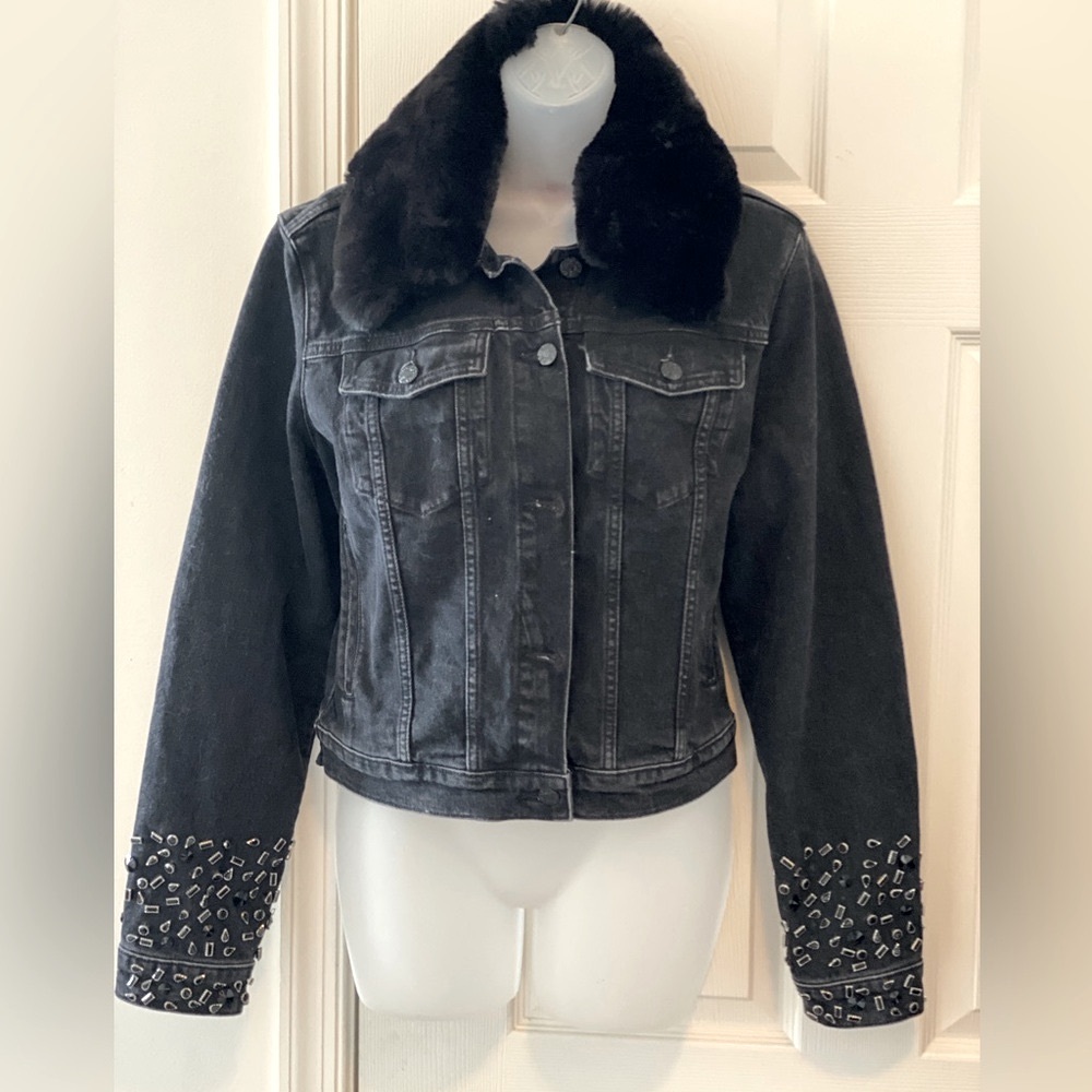Guess Denim jeans Jacket Faux Fur Collar Rhinestone guess jeans